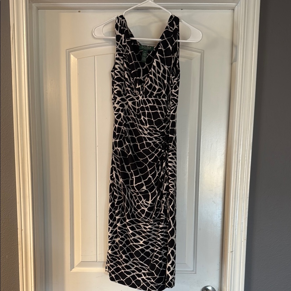 Lauren Ralph Lauren Black and White Ruched Sheath Midi Dress